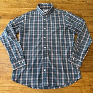 Mizzen + Main Dress Shirt Men’s Large Trim Fit Leeward Plaid Blue Button Down
